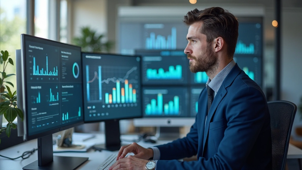 Профессиональный анализ данных на рабочем месте с графиками и показателями