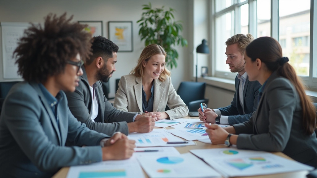 Команда специалистов обсуждает операционные показатели на встрече в конференц-зале