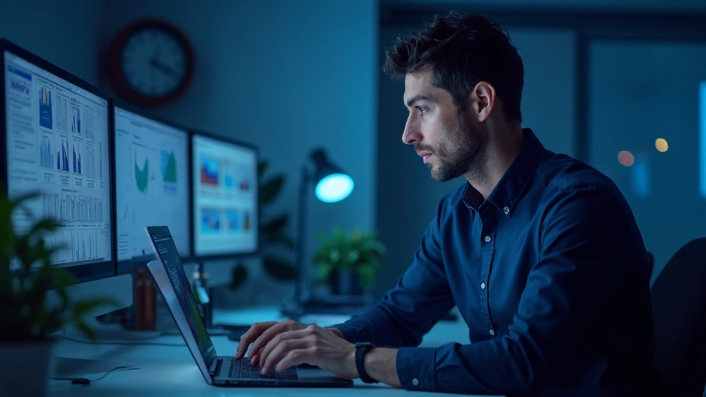 Профессиональный аналитик работает с данными на современном рабочем месте