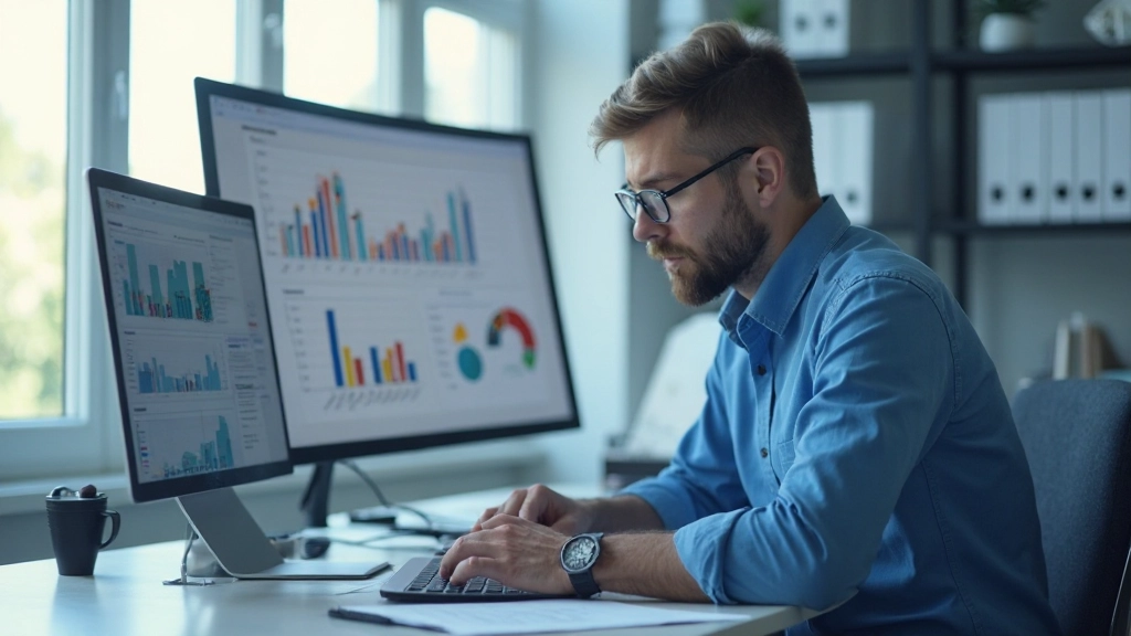 Аналитик рассматривает диаграммы и данные на рабочем столе с ноутбуком