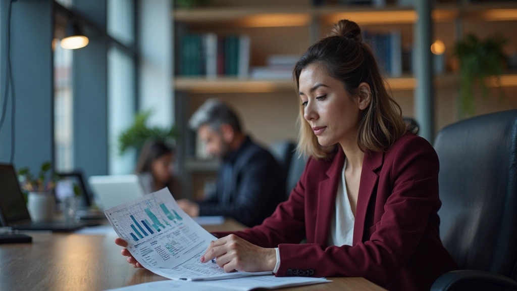 Бизнес-лидер изучает результаты аналитического отчета в офисе