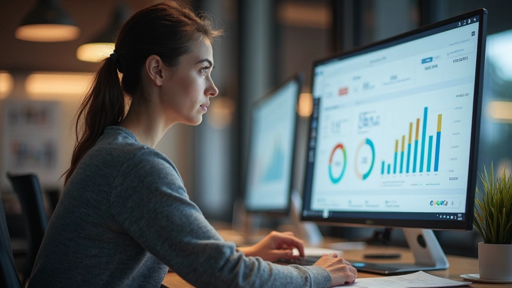 Аналитик изучает диаграммы и графики данных на экране компьютера